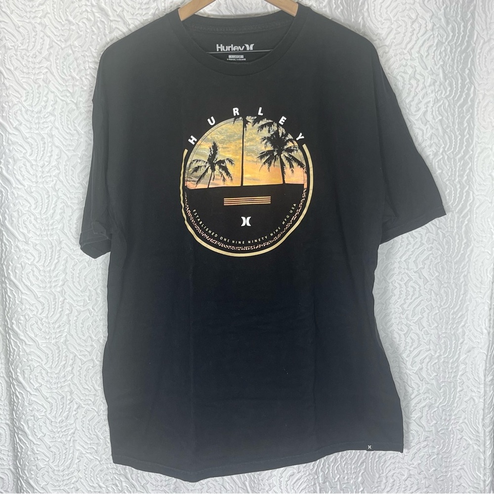 Hurley Men's XL Sunset Palm Tree Graphic Crewneck T-Shirt Black Surf Casual